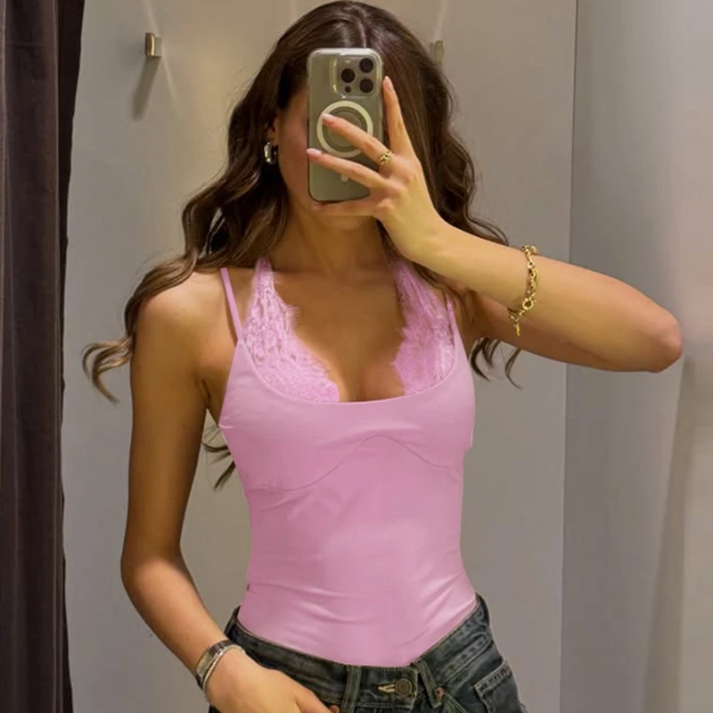 Hugcitar Modischer Neckholder-Bodysuit mit Spitzenbesatz, Rückenfreier Bandage-Body, Sexy Figurbetonter Einteiler für Sommer, Urlaub und Club – Detail 26