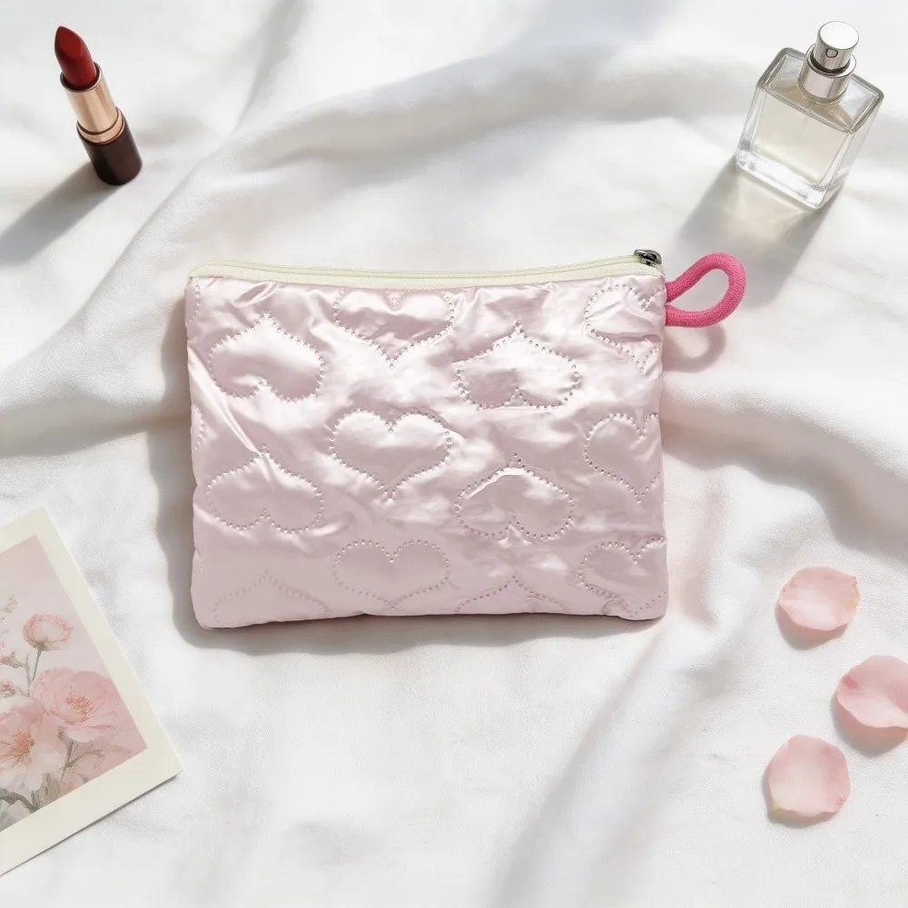 New Multi-function Cosmetic Pouch Bow Decoration Embossed Heart Quilted Makeup Bag Satin Material Toiletry Storage Pouch Girls