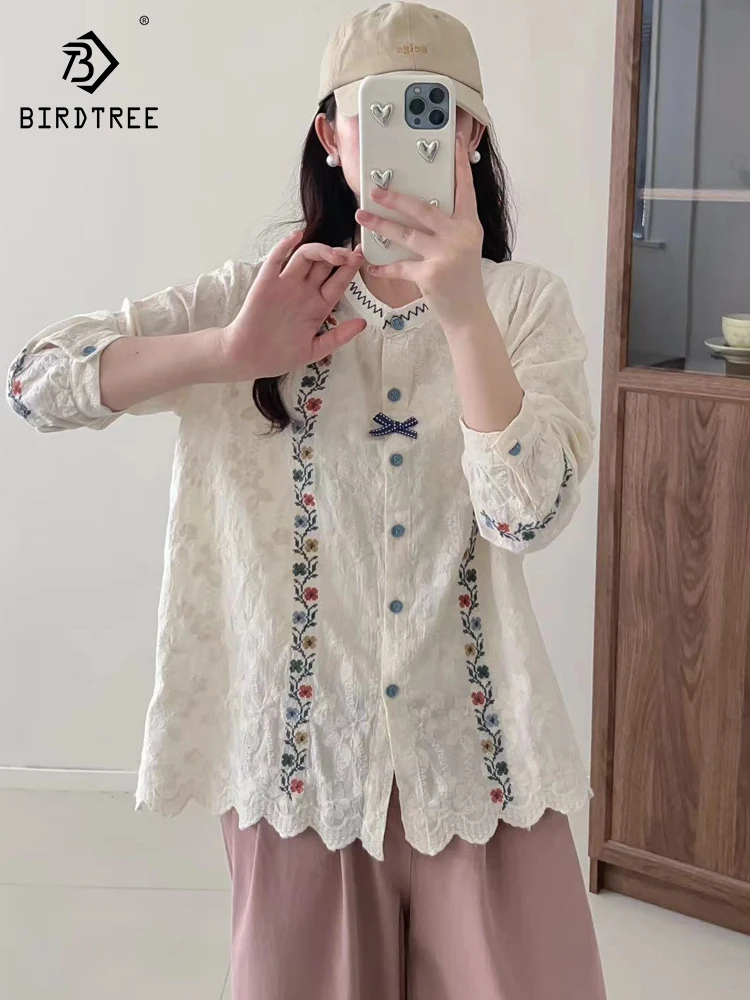 

New Summer Cotton Long Sleeve Shirt, Women Stand Embroidery Bow Top, Mori Girl Sweet Loose Casual Blouse, 2024 Autumn T48450QC