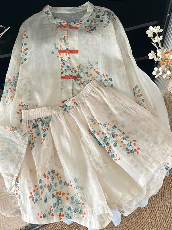 

Spring Summer New Lightweight Flax Casual Glass Print Two-Piece Set Ele Artistic Fre Sle Commute Suitable for plus Sizes