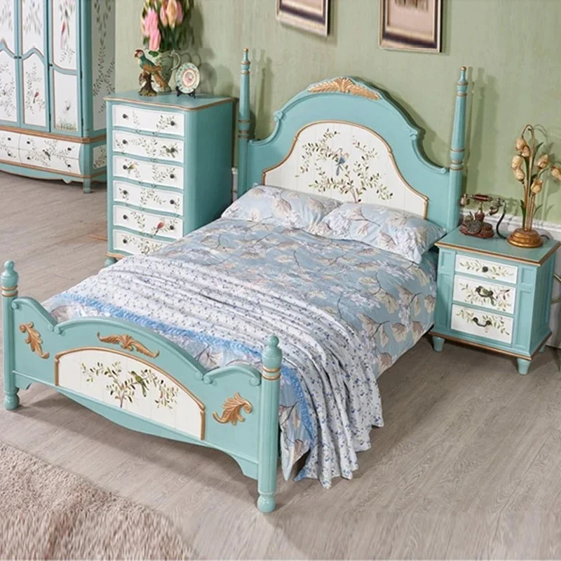 American rural pastoral hand-painted double bed solid wood master bedroom princess bed
