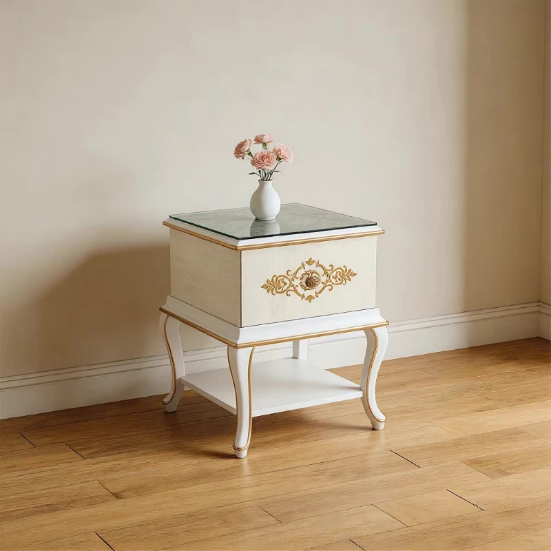 European Classic Luxury Square Side Table Glass Countertop Coffee Table with Open Storage Drawer