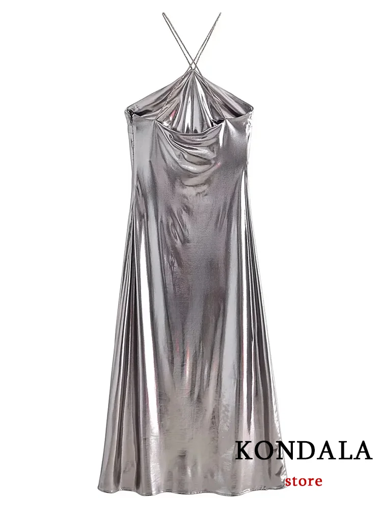 KONDALA Sexy Silver Party Women Dress senza maniche Halter Cami Metal Dress New Fashion 2023 autunno Evening Night Club Dress