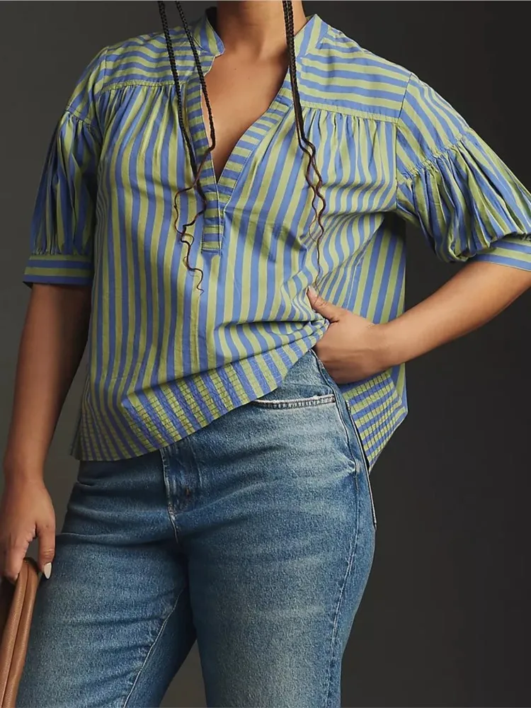 

2025 Spring Women Shirt Stripe Print Turn-down Collar Short Sleeve Loose Blouses Female Casual Trendy Beach Lday Clothes Tops