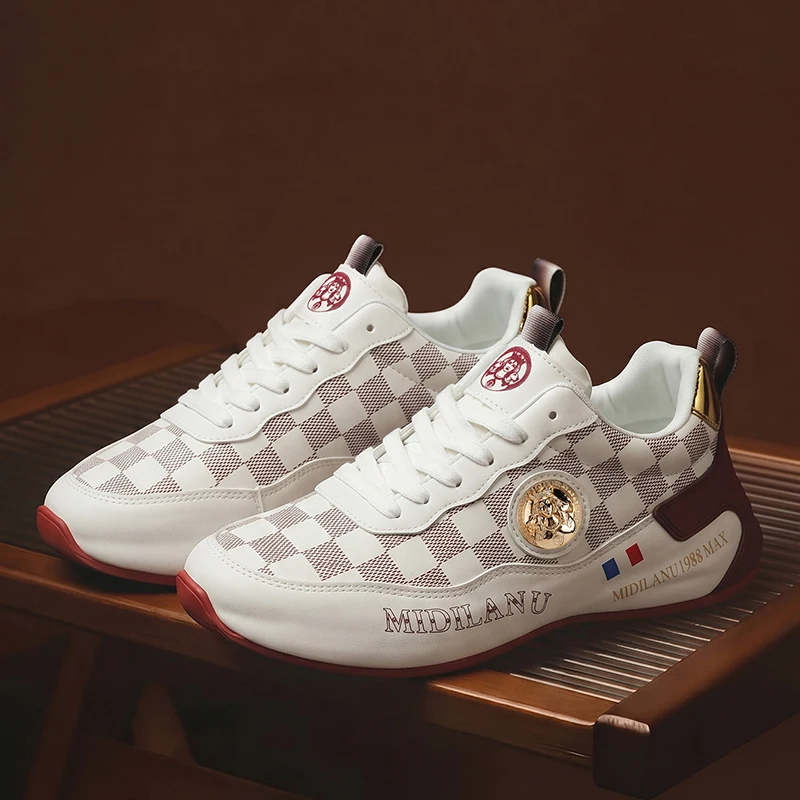 

Men's White Checkered Casual Sneakers Luxury Designer Style Lightweight Non-slip Lace-Up Running Shoes Male Daily Footwear