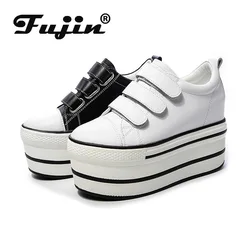 Fujin 12cm Genuine Leather New Women Shoes Platform Heel Platform Sneakers Wedge White Shoes Fashion Women Leather Shoes Casual