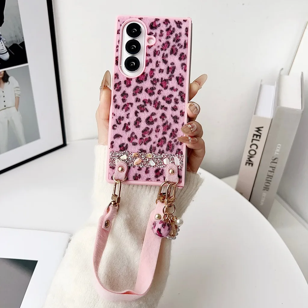 Leopard Print Mink Plush Flash Diamond Spliced Anti-drop phone Case For Samsung Z Fold 7/6/5/4/3 Fold7 5G With Wrist Strap