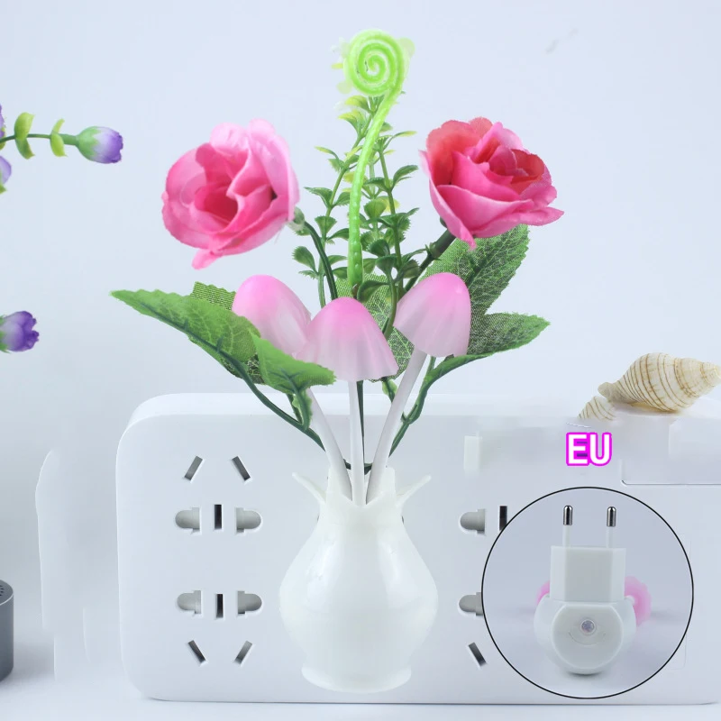 Lámpara de luz nocturna LED Lila colorida Rosa encantadora, lámpara de seta, iluminación nocturna Lila romántica para decoración artística del hogar, enchufe de EE. UU./UE