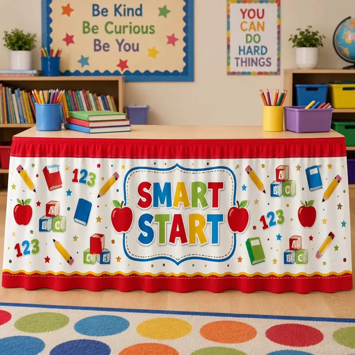 1PC Party Table Dress, Educational Theme, Artistic Activity Style, Printed with Pencil, Book, Apple