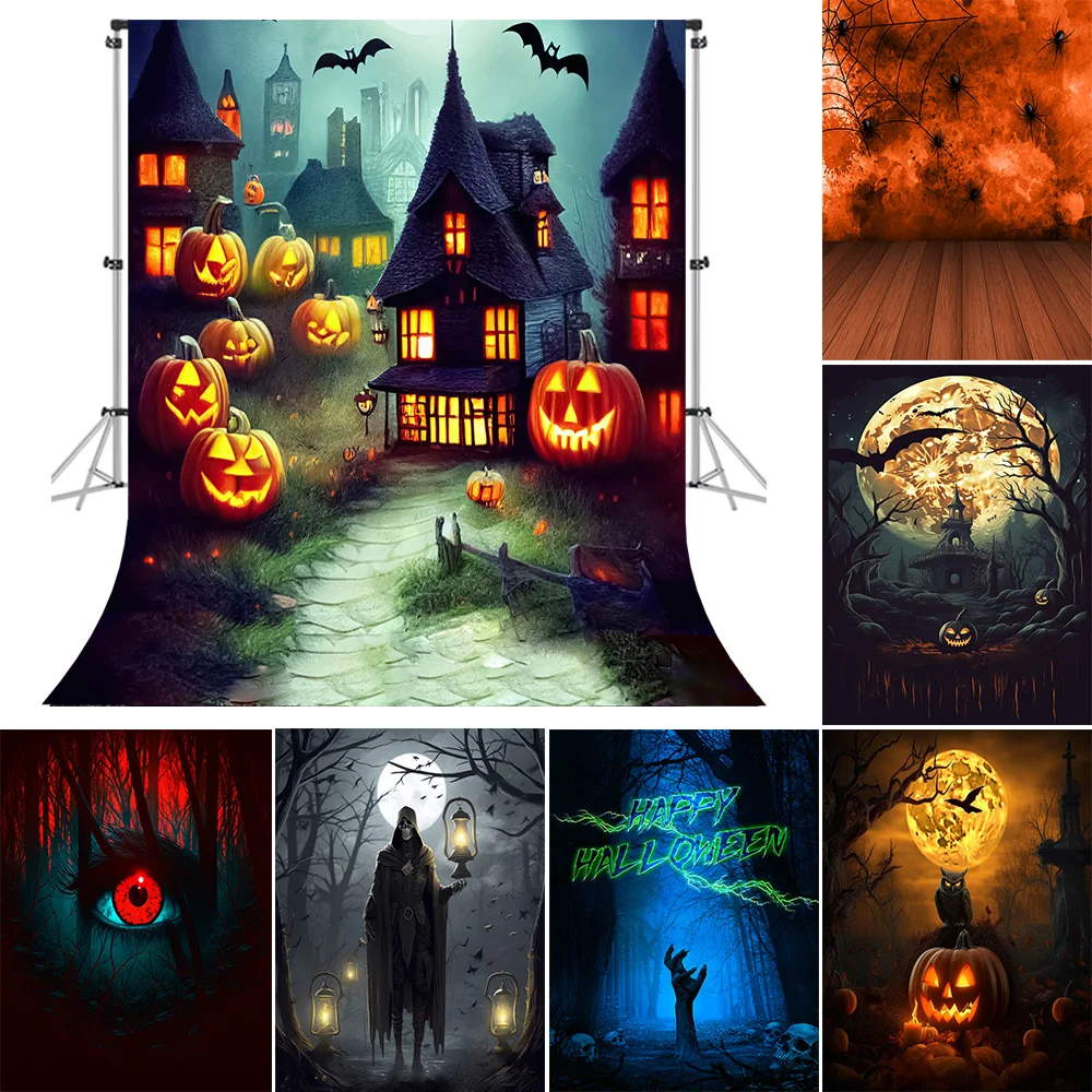 

Bonvvie Halloween Backdrop for Photography Props Tomb Castle Witch Bat Terrible Night Pumpkin Lantern Baby Portrait Background