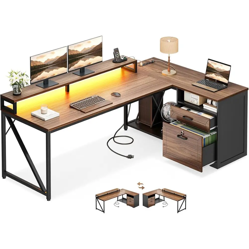 L-Shaped Wooden Desk with Locking File Cabinet, 61 Executive Desk w/ Power Outlet, LED-lit Computer Desk, Storage & Monitor Stan
