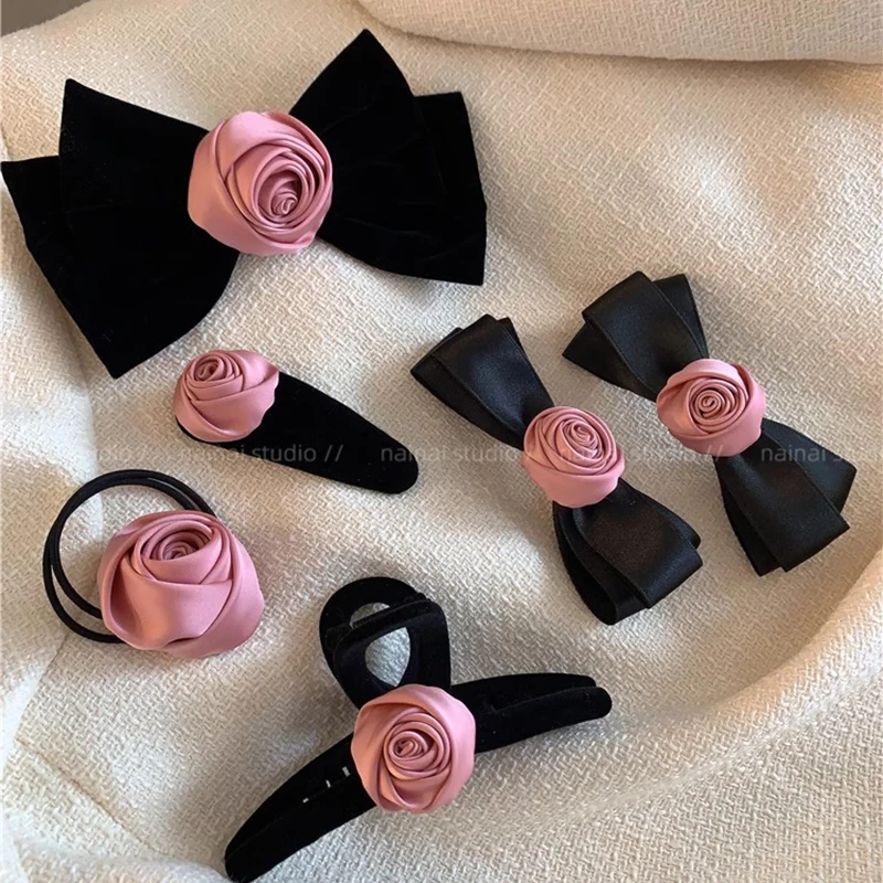 Black Velvet Headwear Versatile Large Size Grab Clip Camellia Hair Clip And Hair Ropes Fashion Set Hair Accessories Wholesale