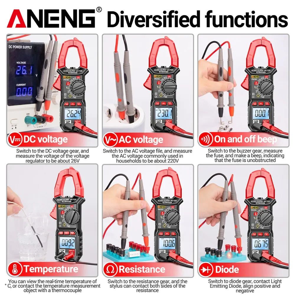 Imagem -05 - Corrente Clamp Meter Multímetro Digital 600a Voltage Tester 6000 Contagens hz Capacitância Ncv Ohm Diodo Testadores Aneng-pn103 ac dc