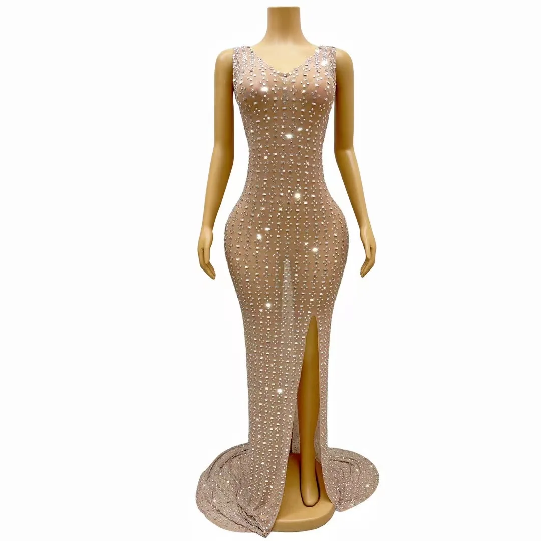 Sparkly Red Rhinestones Crytrals Sexy SlitSheath Dress Evening Party Performance Costume Bar Nightclub Singer Dancer Stage C282