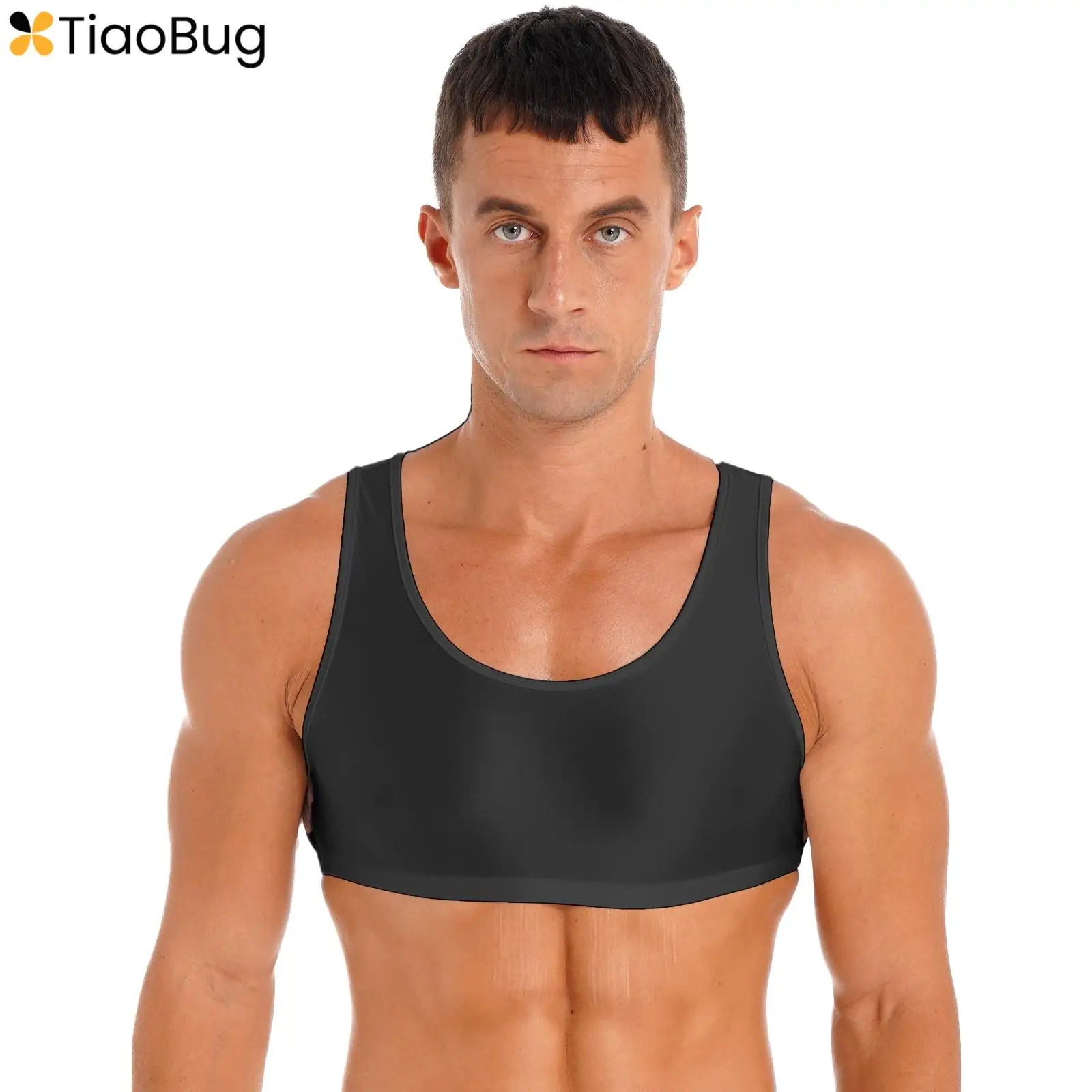 Sexy Mens Glossy Tank Crop Top Sleeveless Solid Color Stretchy Vest Bra Tops Sport Gym Fitness Tees Swimwear Nightwear Clubwear