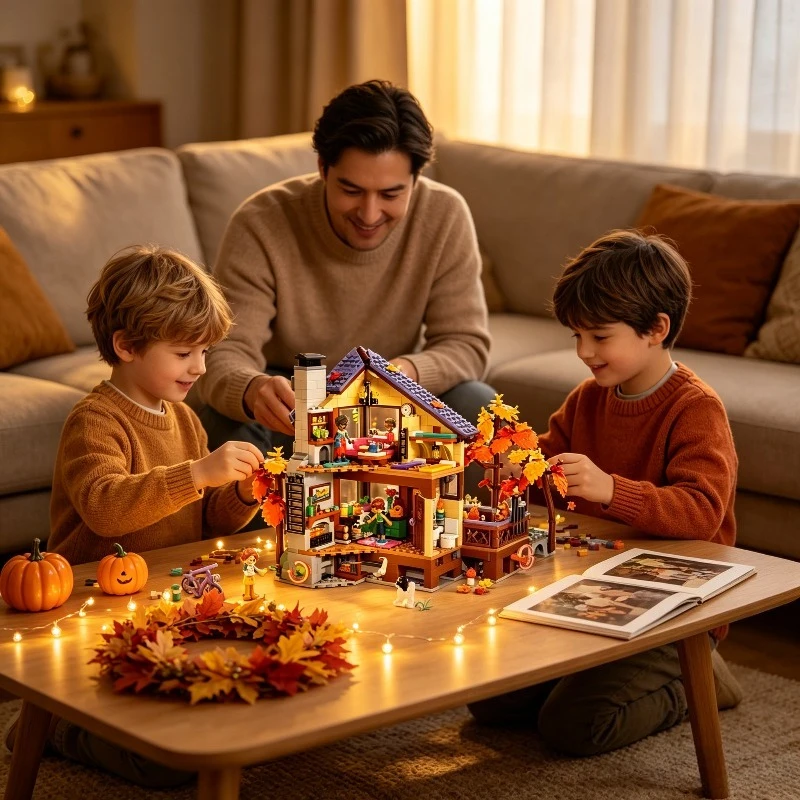 Creative DIY1229pcs Autumn Maple Forest Cottage Bricks Kit, Rural Scenery House Assembly Model, Stylish Indoor Ornament, Premium
