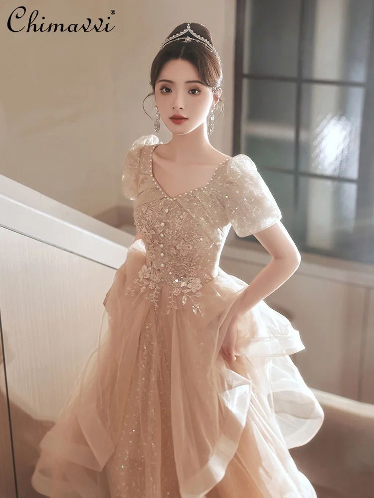 

Sexy Fashion High Waist Short Sleeve Women Evening Dresses Sweet Elegant Birthday Party Champagne Pleated Long A- Line Dress