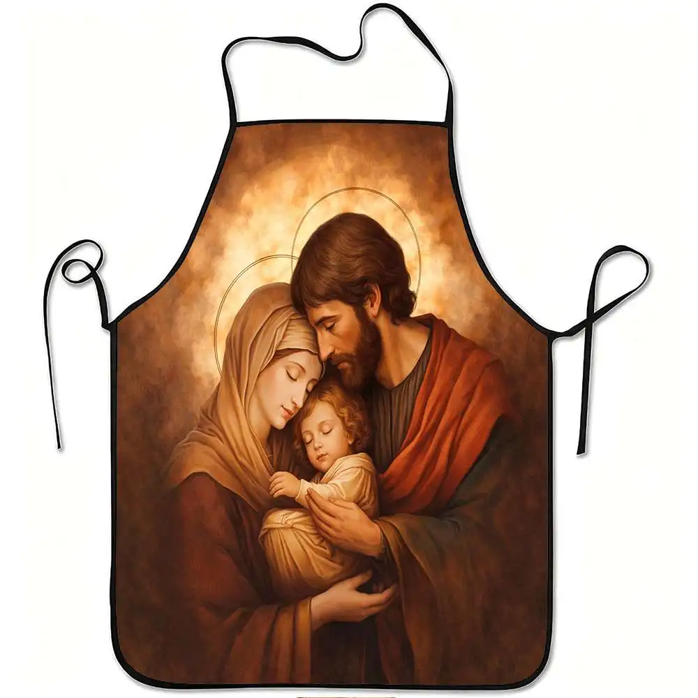 Retro Sacred Holy Family Portrait Pattern Waterproof Apron Christian Baking Grilling Home Church Oil-proof Kitchen Apron Present