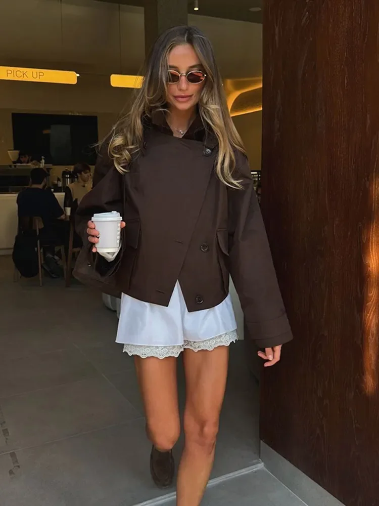 

Brown Stand Neck Crooped Trench Coat Women Pocket Full Sleeve Single Breasted Windbreaker Jacket 2025 Autumn Lady New Streetwer