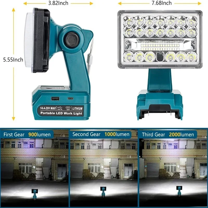 Imagem -06 - Lanterna Led de 28w com Portas Usb e tipo c para Makita Bosch Dewalt Milwaukee Ryobi Black & Decker Craftsman Bateria de 18v