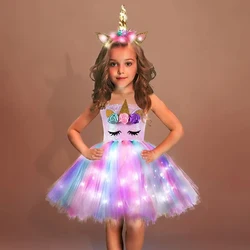 Girls Rainbow Unicorn Light Up Tutu Dresses for Kids Birthday Party Sequins Glowing Knee Length Dress Halloween Animal Costumes