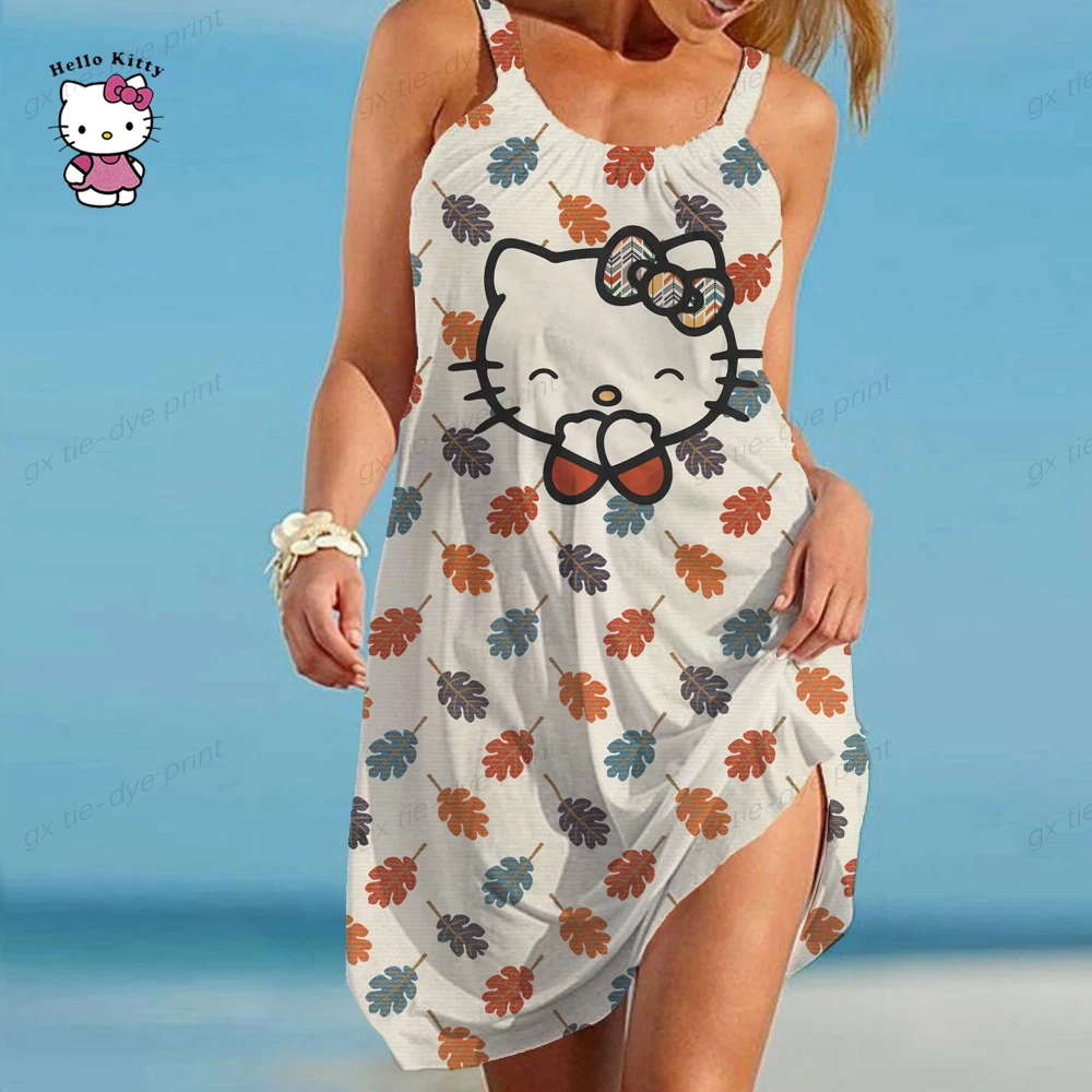 2023 seksowna sukienka damska letnia O dekolt w stylu Vintage Boho impreza na plaży sukienka plażowa Hello Kitty Oversize Sundress