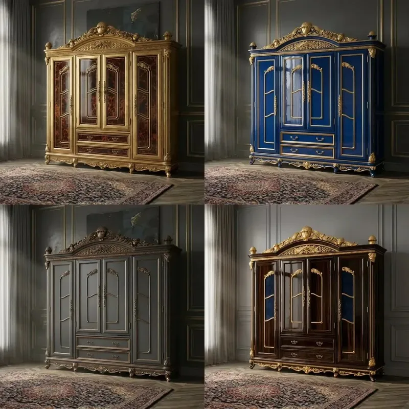 Solid Wood Four Door Wardrobe Luxury Hotel Master Suite Neoclassical Carved Design Custom OEM Furniture Storage Cabinet