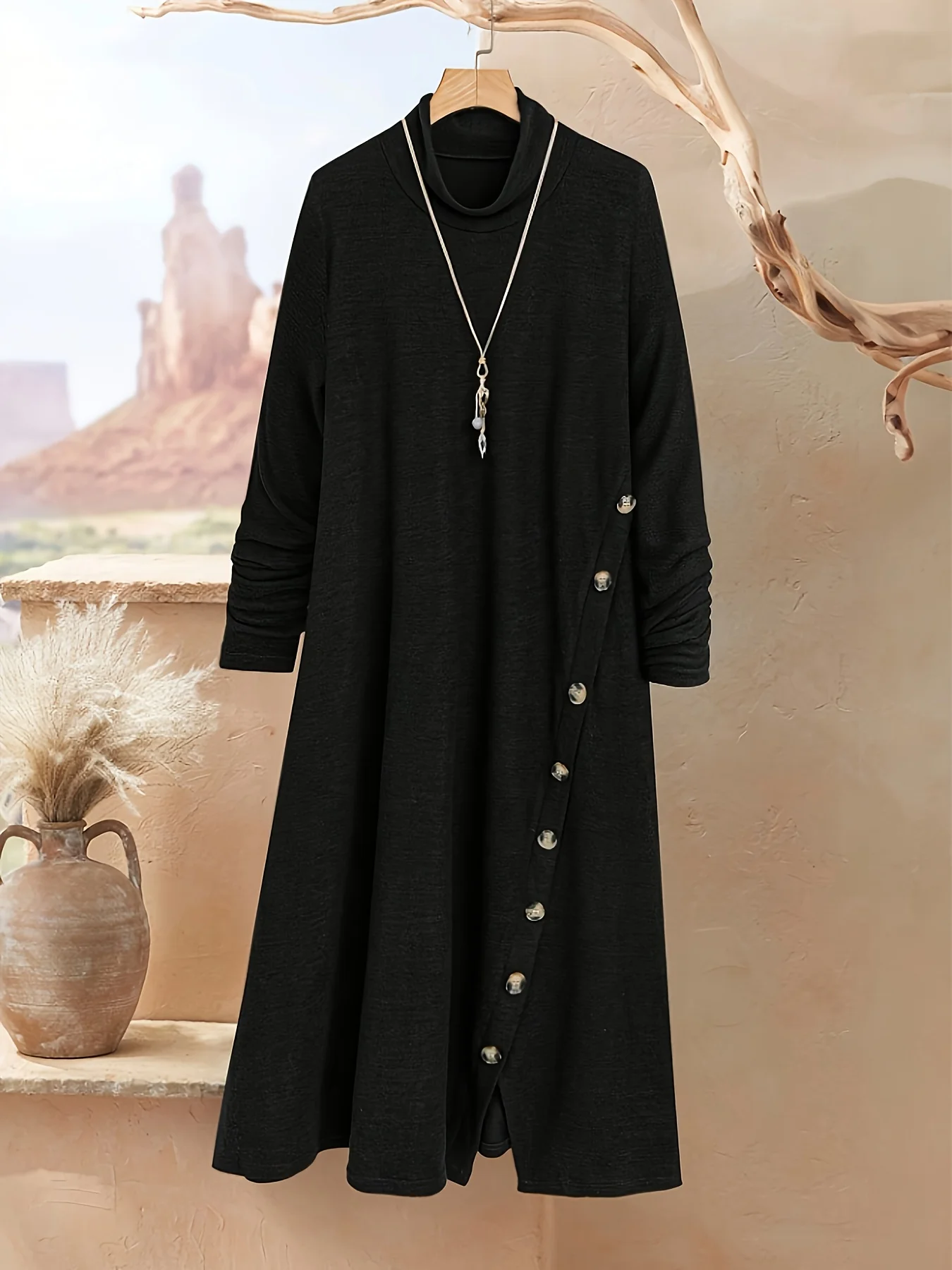 فستان كشمير فرنسي أوروبي وأمريكي عبر الحدود لخريف وشتاء 2025 فستان نسائي فضفاض بأكمام طويلة ورقبة دائرية غير رسمية متوسطة #1