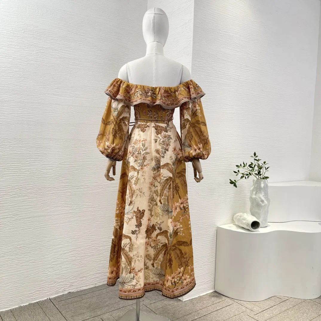 2025 New Fashion Multi Color Floral Print Off The Shoulder Long Sleeve Ruffles Midi Dress
