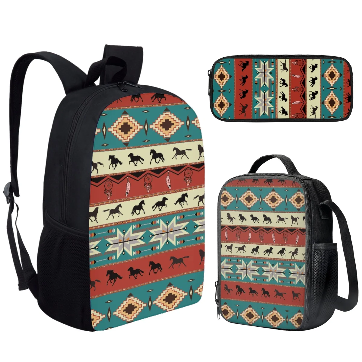 INSTANTARTS Tribal Horse Aztec Backpack Schoolbag Boys Girls Students Big Storage School Bag Crossbody Bag Pencil Case 3pcs/Set