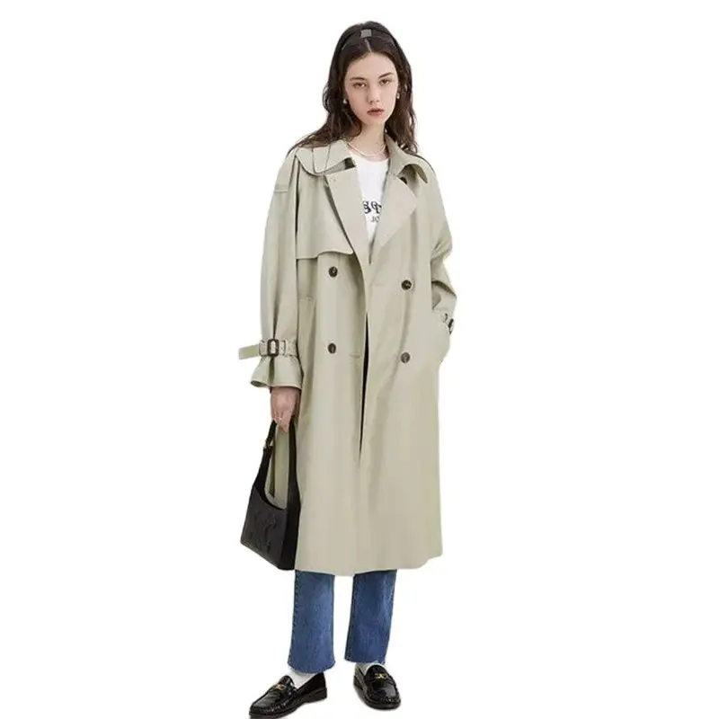 

British double-breasted Long Trench Coat, Women's ,Spring Autumn Standing Collar Windbreaker Coat,Black Overcoats, 2024 New