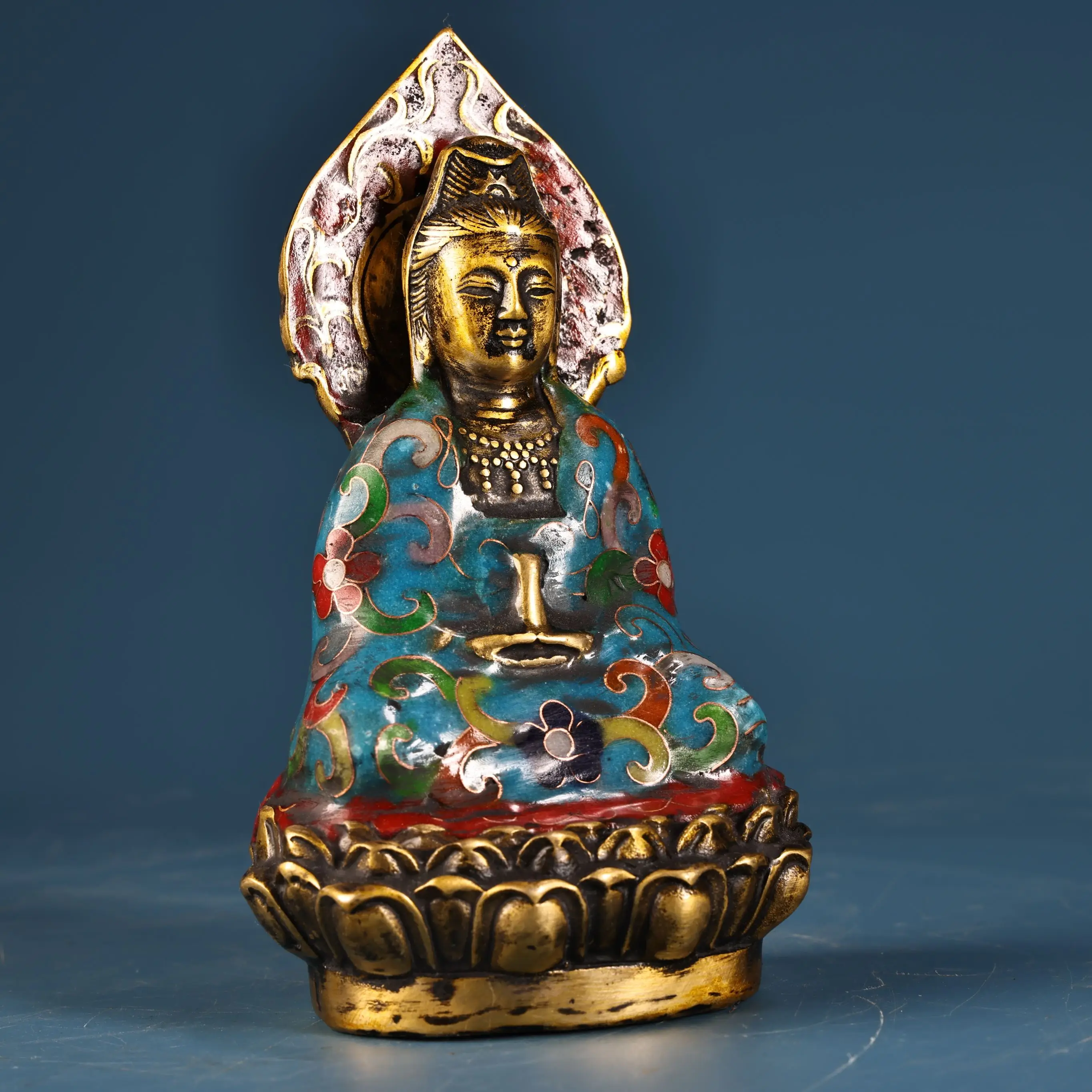 Old Bronze Cloisonne Enamel floral pattern Pure Bottle Guanyin Bodhisattva Buddha Head backlight Lotus Terrace Worship Hall