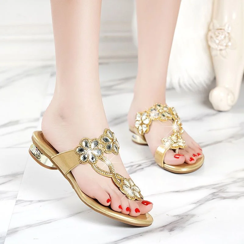 Bohemian Rhinestone Sandals for Women Summer High Heels Gladiator Sandals Woman Slip On Beach Slippers Flip Flops