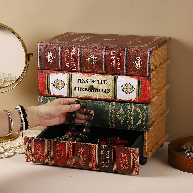 Wooden Jewelry Box Retro Creative Books Jewelry Boxes Multifunction Large Capacity Ring Organizer Case Drawer Bracelet Cases