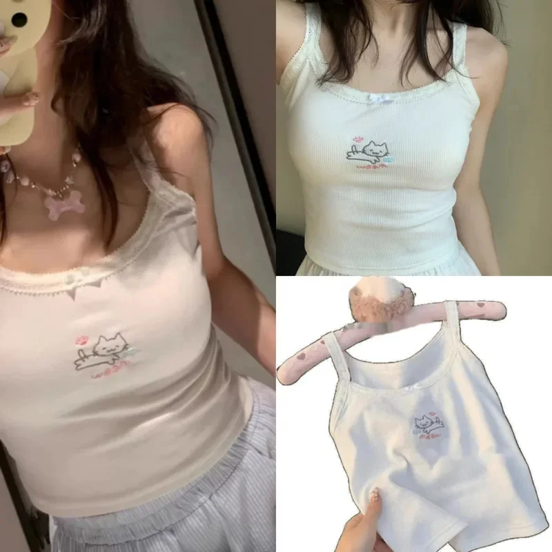 

Y2K Sweet Kawaii Embroidery Cat Tops&Tees Top Vest Japanese Korean JK Tank Top Women's Summer Pure Desire Girl Short Top Tee New