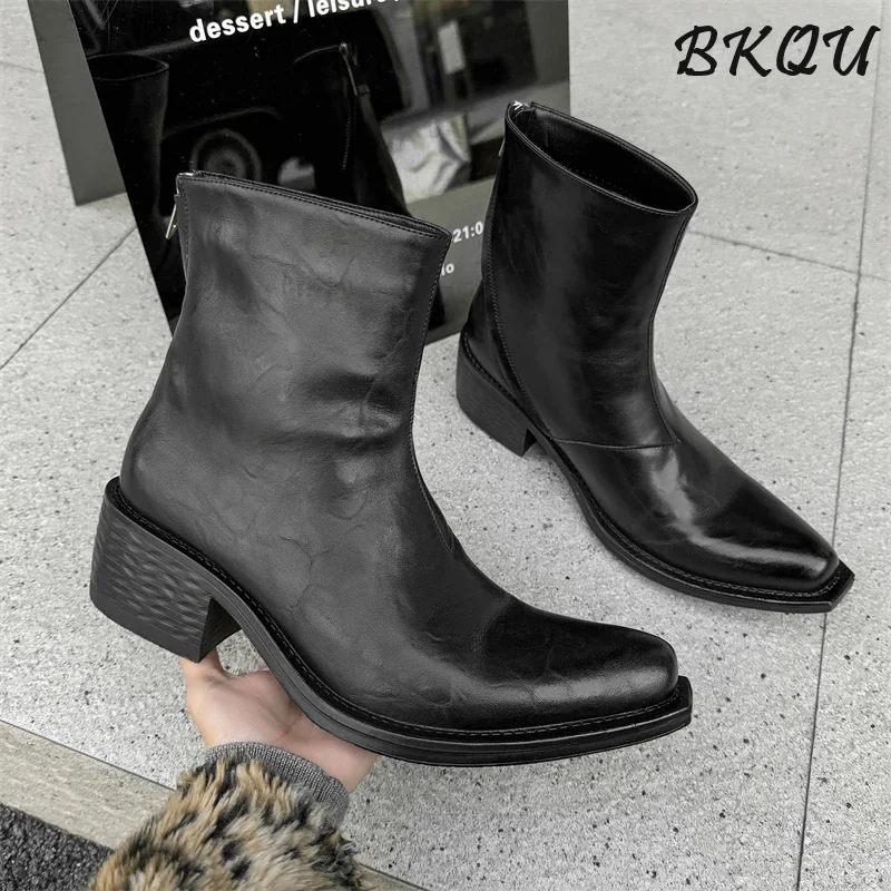 

BKQU Heightened Chelsea Boots Men's Pointed Toe Limited Edition Trendy Thick-soled Upturned Head British Style Ankle Boots