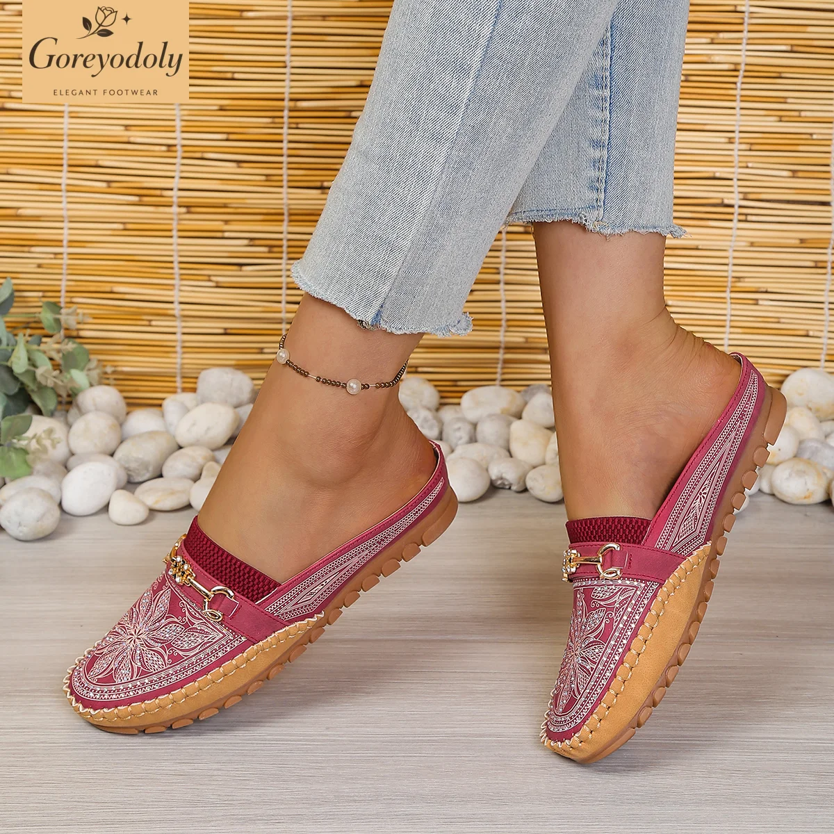 Goreyodoly women mule flats rh - đánh giá và giá Embroidery Print