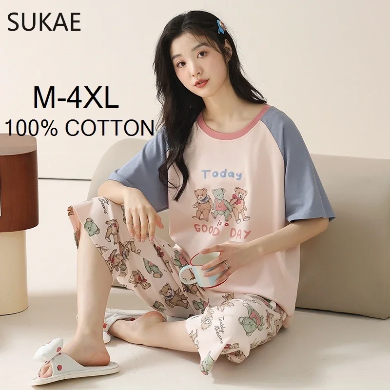 SUKAE 100% Cotton M-4XL Women Pajamas Set Summer Sleepwear Short Knee-length Pants Nightwear Capris Loungewear Cartoon Pijama