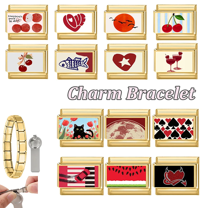 Y2K Gold Color Red Moon Watermelon Cherry Cat Tulip Italian Charm Link Fit 9MM Stainless Steel Bracelet Women DIY Making Gifts