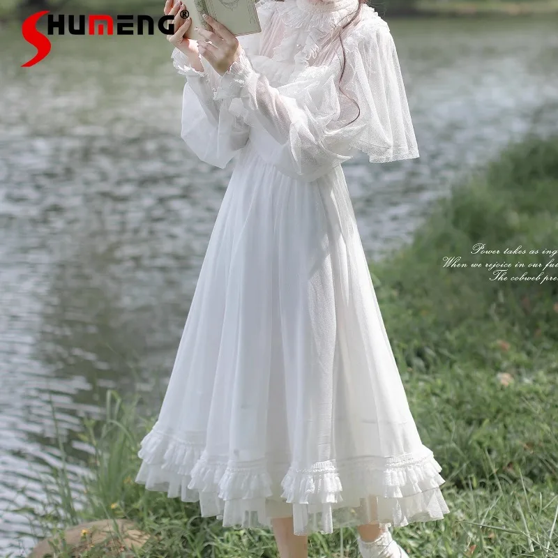 Y2k الأصلي الأبيض النقي الكلاسيكي أنيقة فستان غزل مدبب اليابانية لوليتا نمط الأبيض ضوء القمر كيب شال فساتين طويلة الأكمام