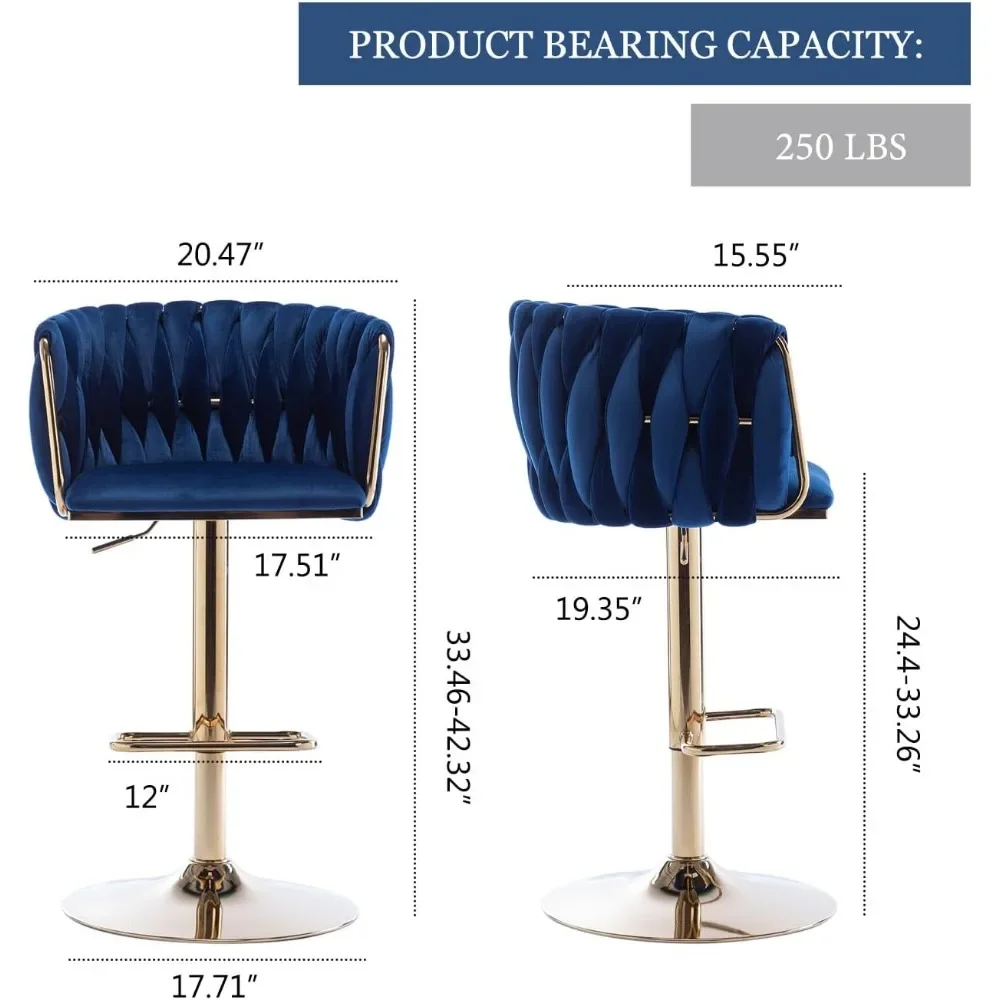 360° Velvet Swivel Bar Stools, Adjustable Counter Height Bar Chairs with Woven Back & Footrest