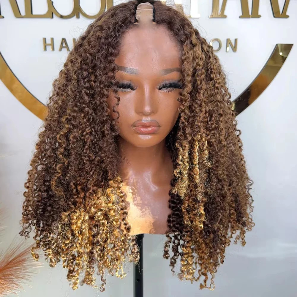 Highlight Honigblond Braun Afro Kinky Curly V-Part Echthaarperücken für Frauen Remy Haar Vollständig maschinell gefertigte, kleberlose U-Form Perücken – Detail 3