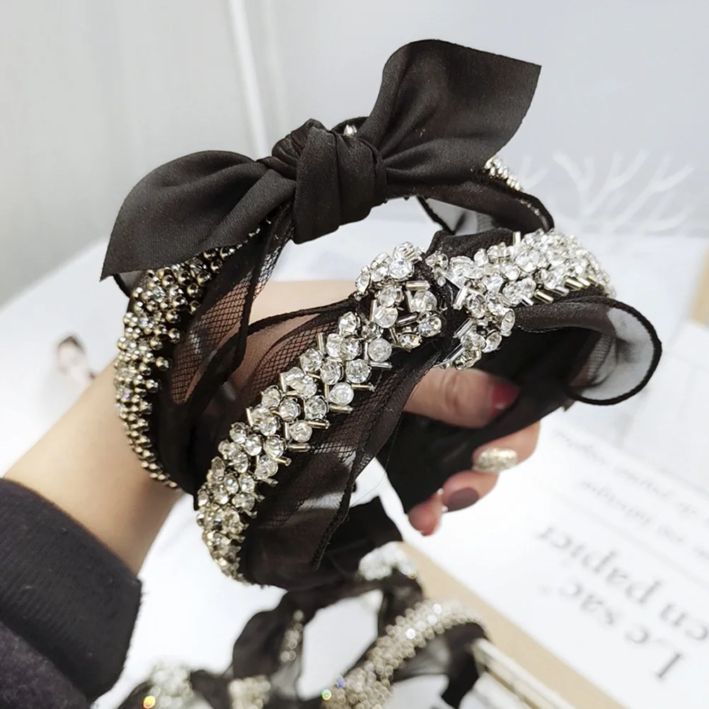 

Crystal Pearl Headband Black M Size Bowknot Rhinestone Hair Hoop For Women Girls Handmade Lace Headdress Knit Hair Band