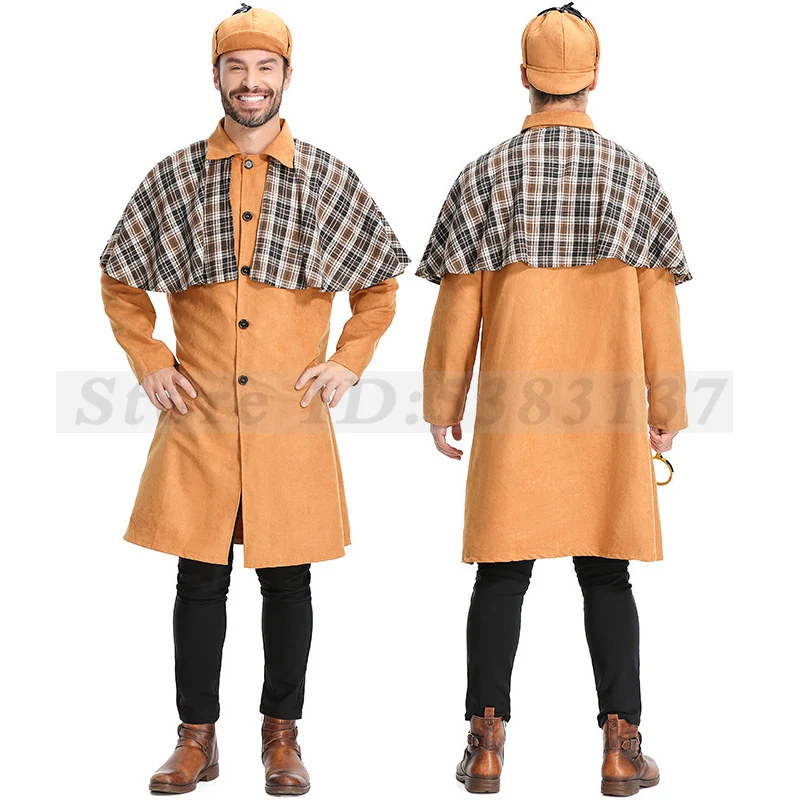 Male Plaid Cape Detective Cosplay Costumes Khaki Jacket Hat Outfit Adult Reasoning Game Role Play Clothes Halloween Men's Coat