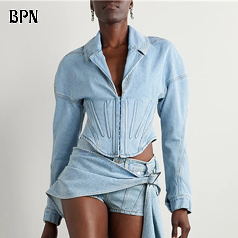 

BPN Casual Patchwork Denim Jackets For Women Lapel Long Sleeve Tunic Spliced Single Breasted Soild Minimalist Coats Female Style