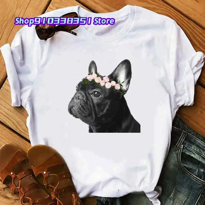 Cartoon Puppy T-shirt Women Kawaii French Bulldog Graphic Cute T Shirt Fashion Tees Women Tops Harajuku Aesthetic Tshirt