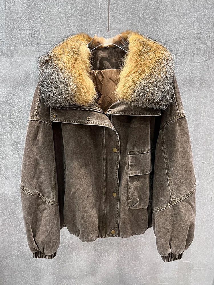 2025 Fashion New Winter Women's Goose Down Jacket Natural Real Fox Fur Collar Coats Denim Jacket Luxury Female Outwear
