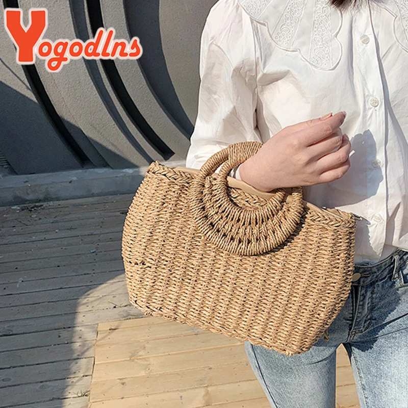 Borsa da spiaggia in paglia da donna estiva borsa a tracolla fatta a mano borsa in Rattan con cerchio in rafia borse a cesto tessute Casual bohémien