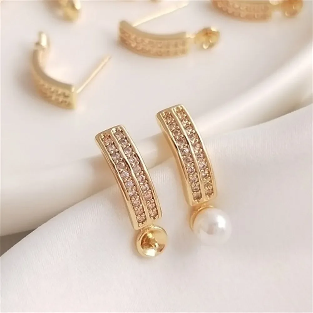 14K Gold Wrapped Curved Double Row Zircon Half Hole Bead Earrings S925 Silver Needle DIY Handmade Crystal Pearl Earrings E118