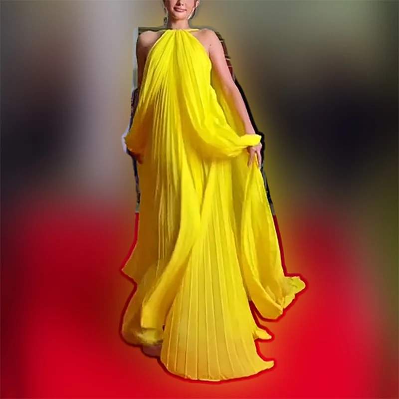 

Fashion Grass yellow Halter Formal Evening Dresses Women Backless Celebrity Dresses/Prom Dresses Customized فساتين سهرة